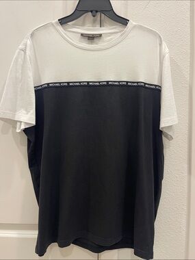 Michael Kors Black and White Logo Tape Colorblock Short Sleeve Tee